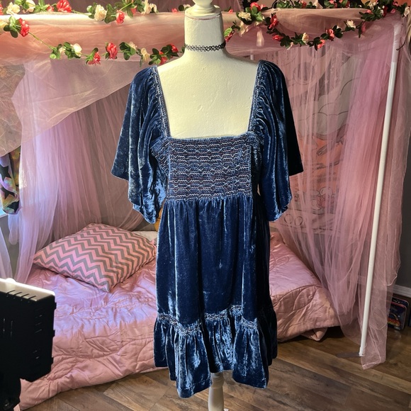 Free People Blue Velvet Angel Wing Smocked Dress - Picture 1 of 6